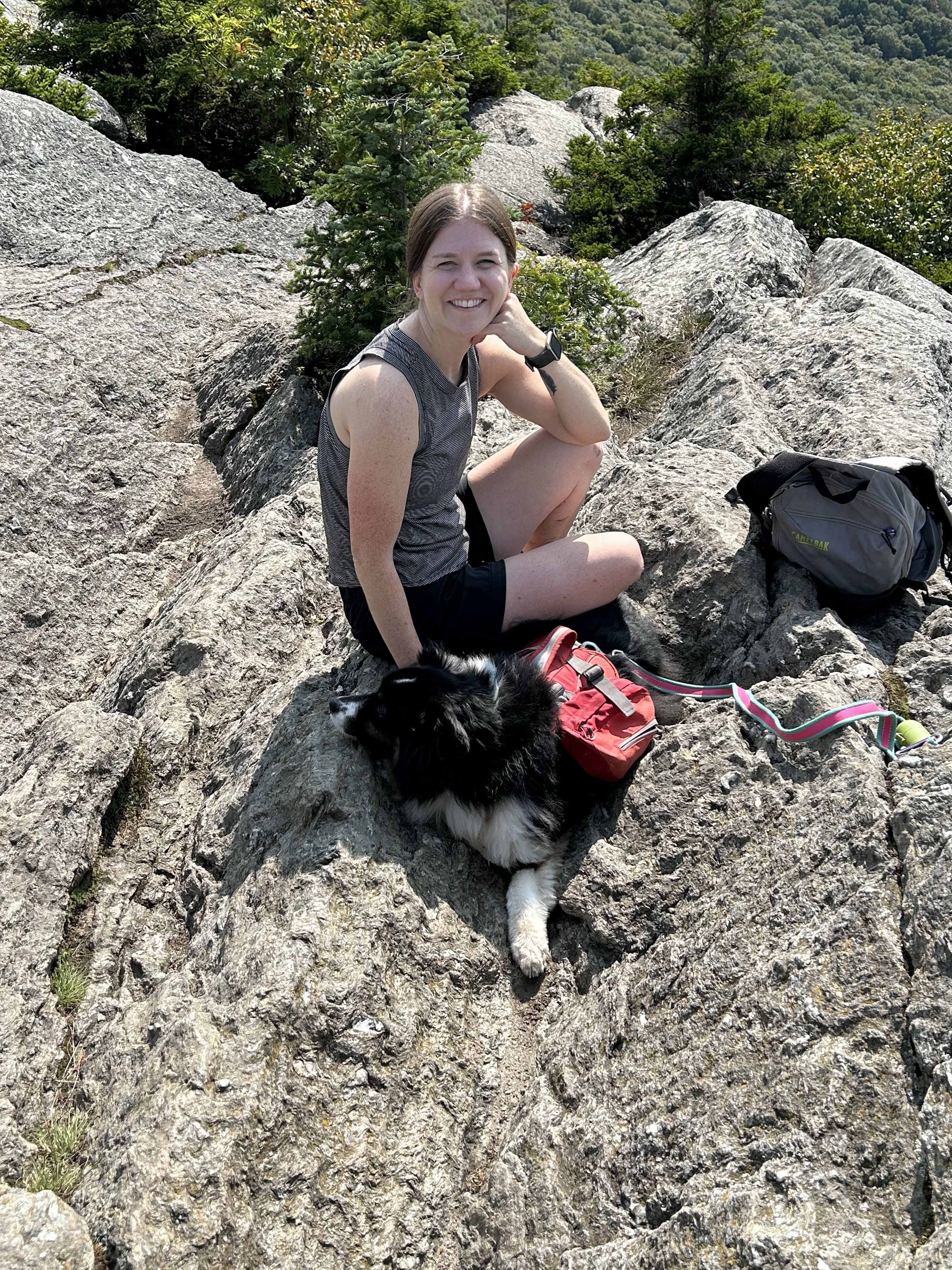 Hiking Stowe Pinnacle trail with Janelle and Penny